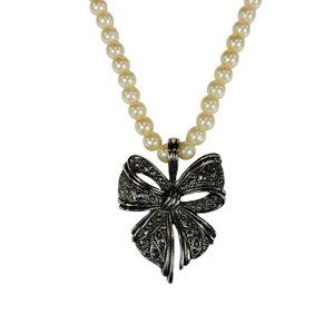 Vintage Silver Bow Necklace Silver Pendant Faux Pearl Chain Avon